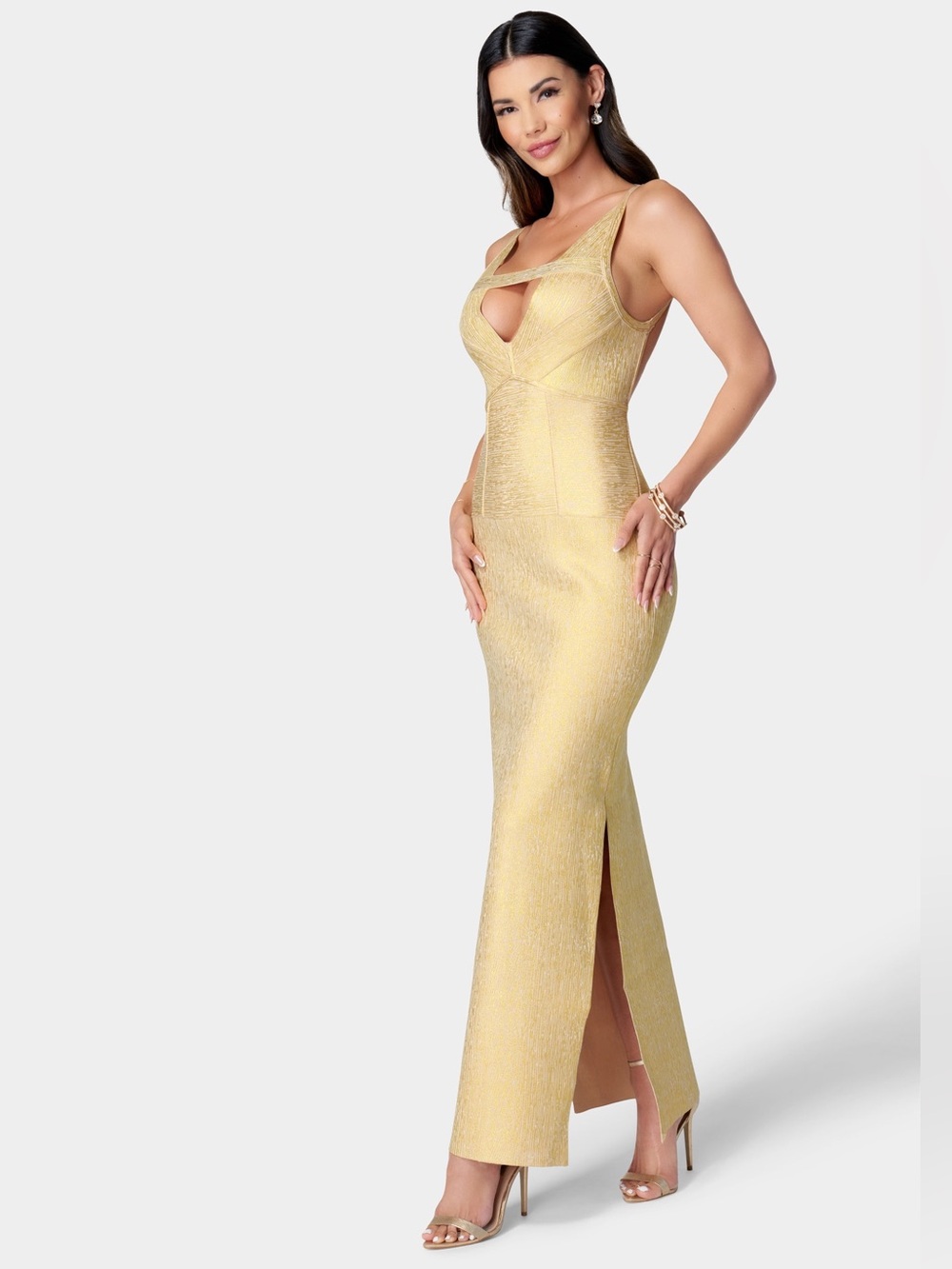 bebe Metallic Gold Bandage Cutout Maxi Dress And Open Back